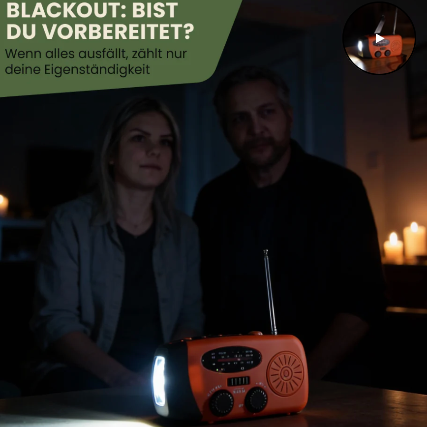 Notfallradio für Blackout & Krisenzeiten – Solar Kurbelradio AM/FM, 2000mAh Powerbank, LED Taschenlampe, USB Ladegerät