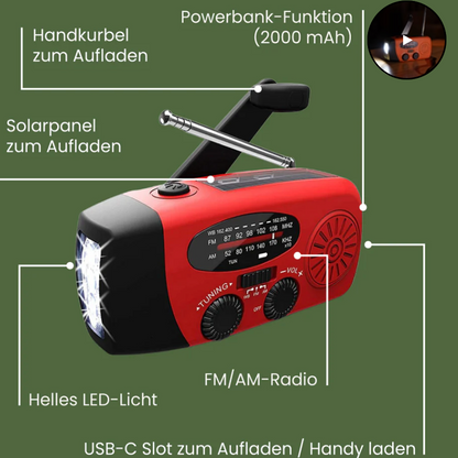 Notfallradio für Blackout & Krisenzeiten – Solar Kurbelradio AM/FM, 2000mAh Powerbank, LED Taschenlampe, USB Ladegerät
