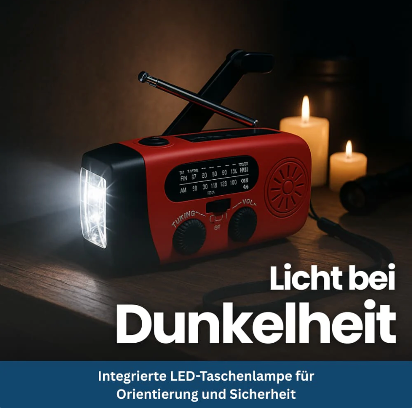 Notfallradio für Blackout & Krisenzeiten – Solar Kurbelradio AM/FM, 2000mAh Powerbank, LED Taschenlampe, USB Ladegerät