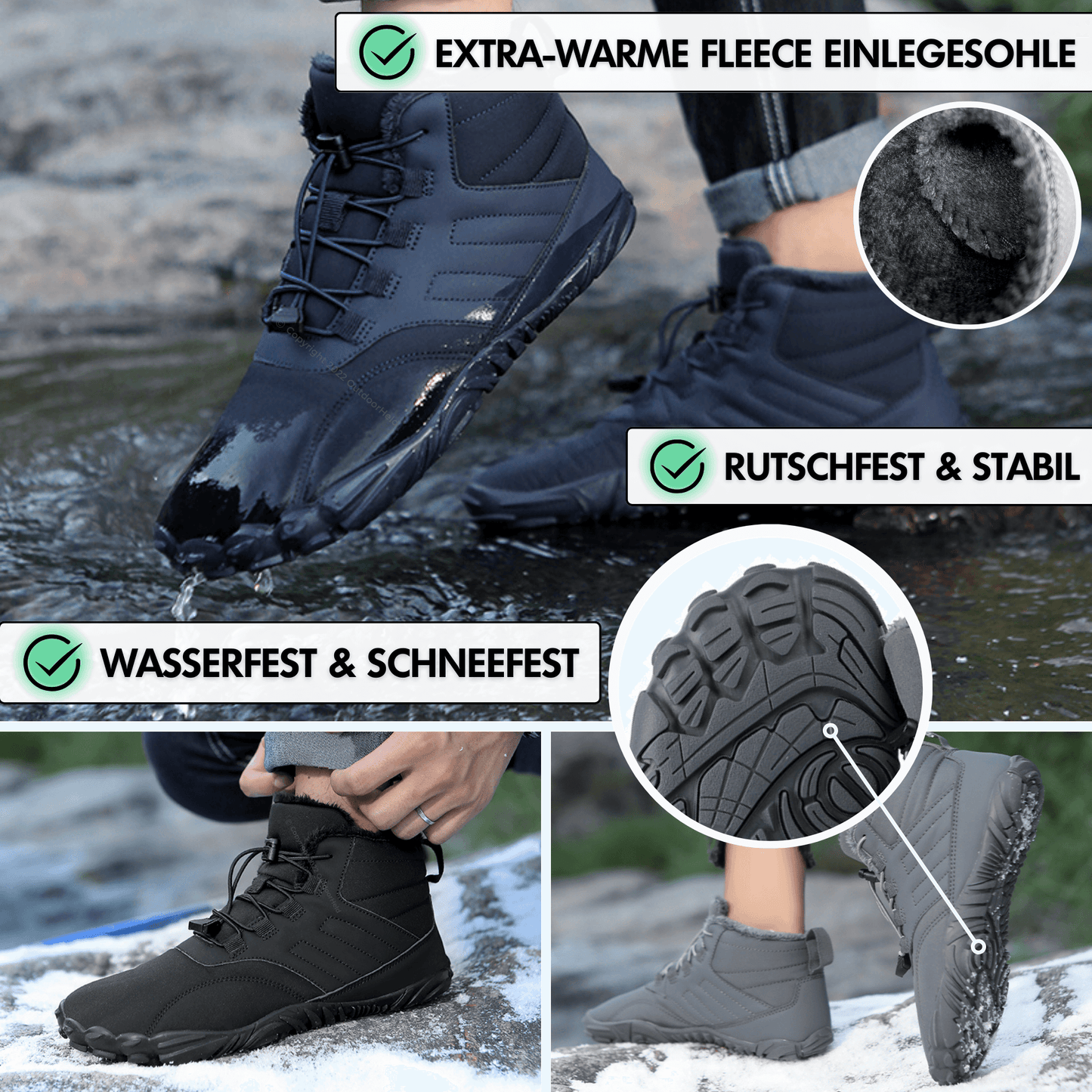 Wasserfeste Damen-Barfußschuhe für den Winter (Testsieger) - Fleece-Innenfutter, große Zehenbox, schmerzfrei