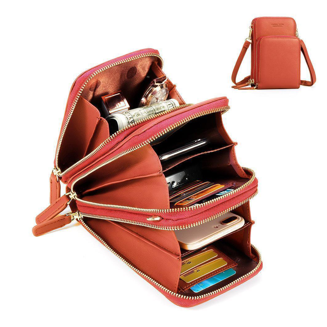 Designer Handy-Handtasche aus Leder mit dreifachem Verschluss und Kartenfächer I Handy Umhängetasche_orange 2