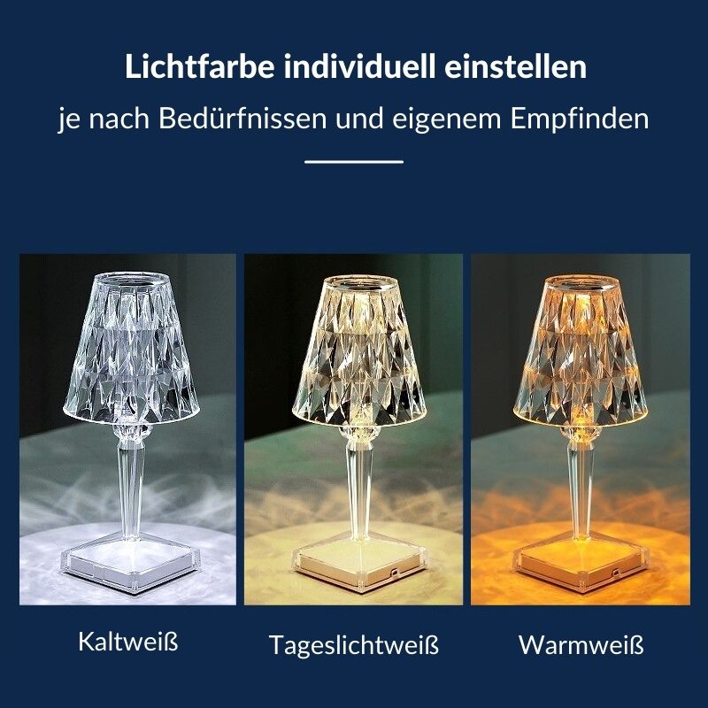 Kaufladen Romantische Kristall-Tischlampe aus Acrylglas - dekorativ, 3 Farben, aufladbar + 6