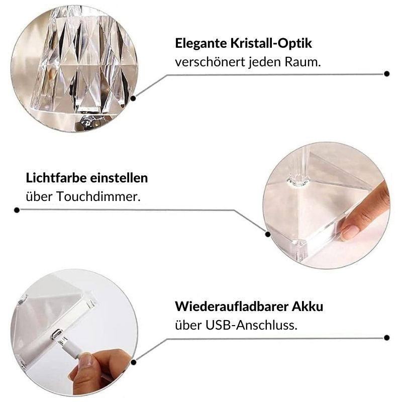 Kaufladen Romantische Kristall-Tischlampe aus Acrylglas - dekorativ, 3 Farben, aufladbar + 7